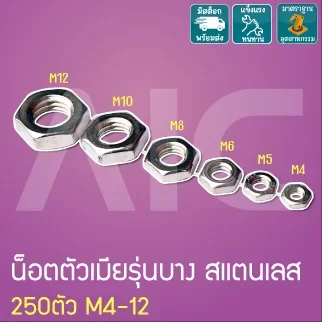 น็อตตัวเมียรุ่นบาง สแตนเลส M4-12 ชุด Box Set 250ตัว