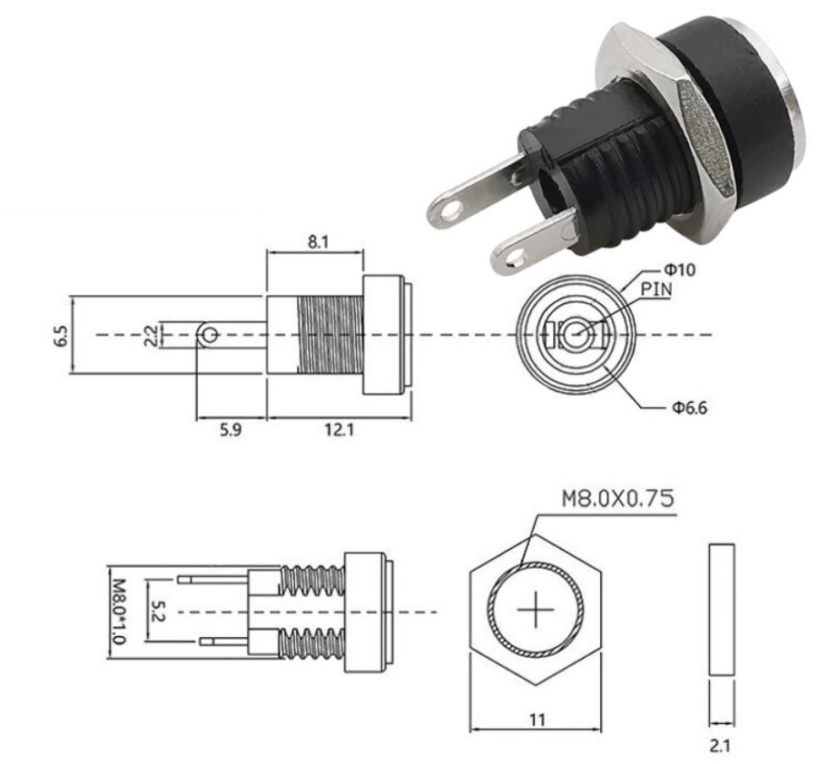 แจ็ค DC 5.5x2.1mm ตัวเมีย Blind Post