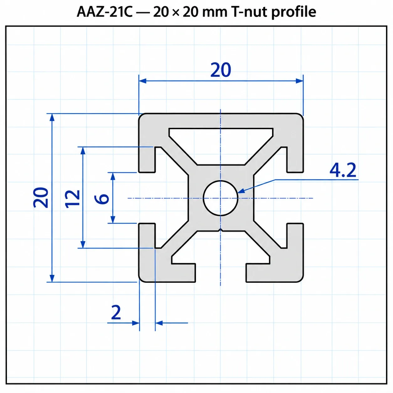 AAZ-21C — อลูมิเนียมโปรไฟล์ 20x20mm T-Nut ปิดร่อง 1ด้าน สีเงิน