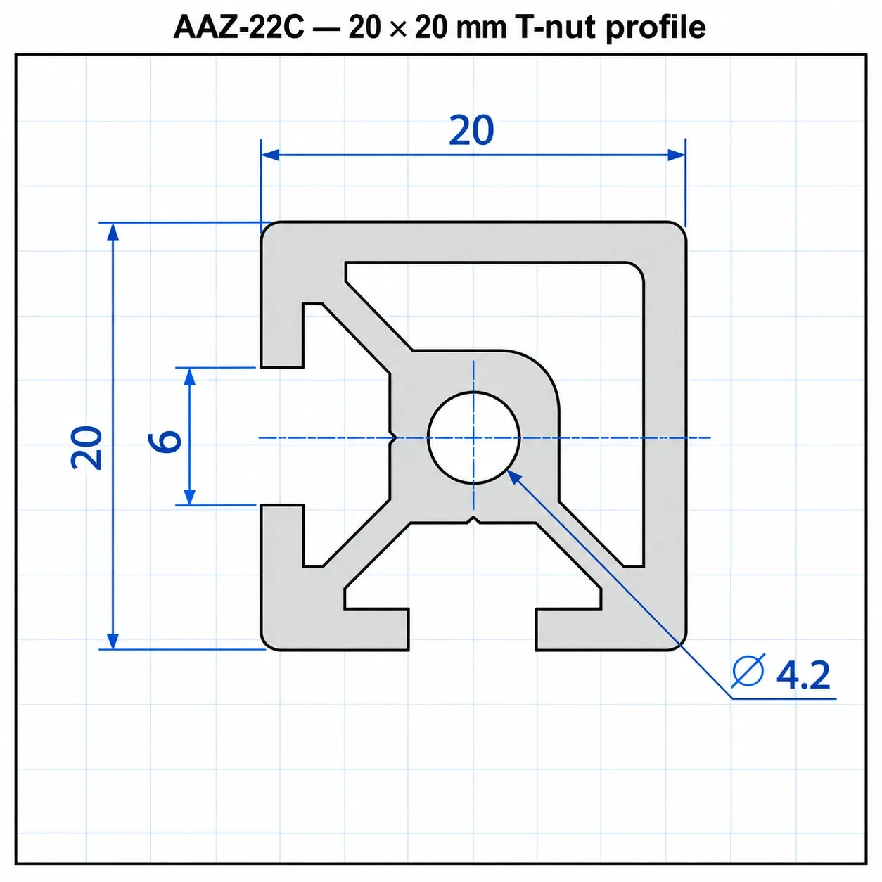 AAZ-22C — อลูมิเนียมโปรไฟล์ 20x20mm T-Nut ปิดร่อง 2ด้าน สีเงิน