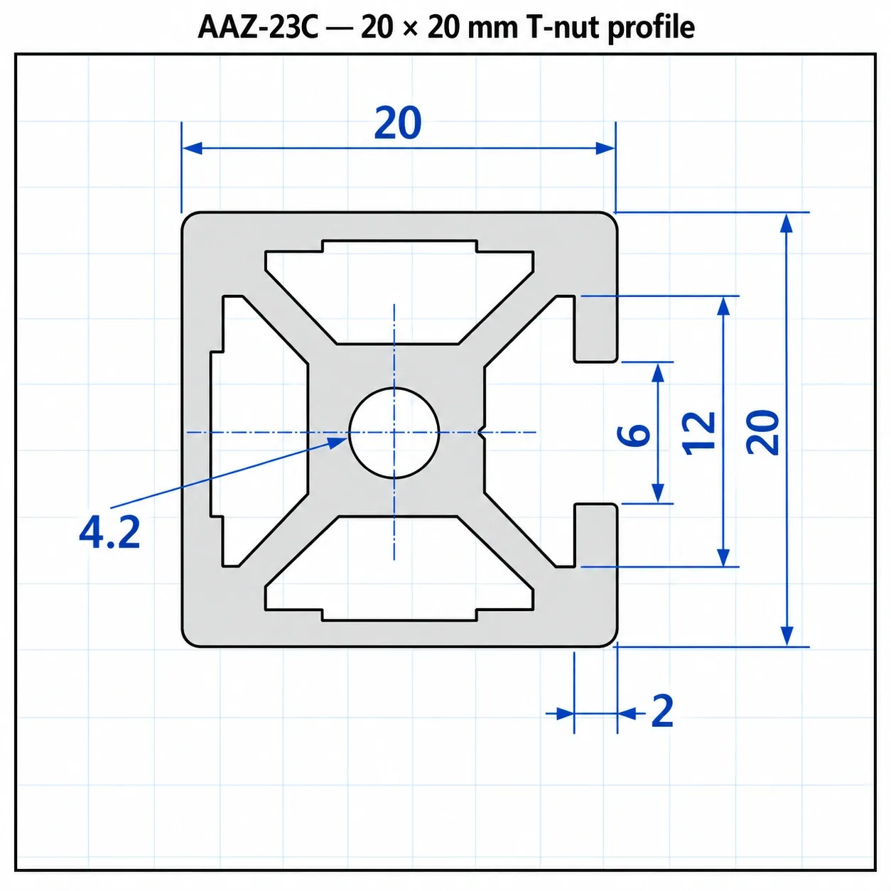 AAZ-23C — อลูมิเนียมโปรไฟล์ 20x20mm T-Nut ปิดร่อง 3ด้าน สีเงิน