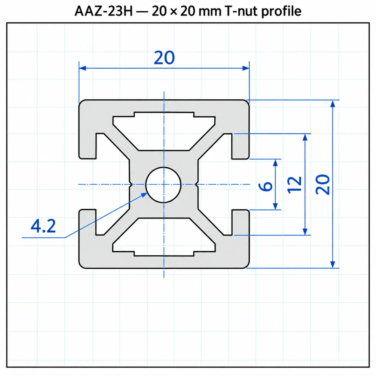 AAZ-23H — อลูมิเนียมโปรไฟล์ 20x20mm T-Nut ปิดร่อง 2ด้าน H สีเงิน