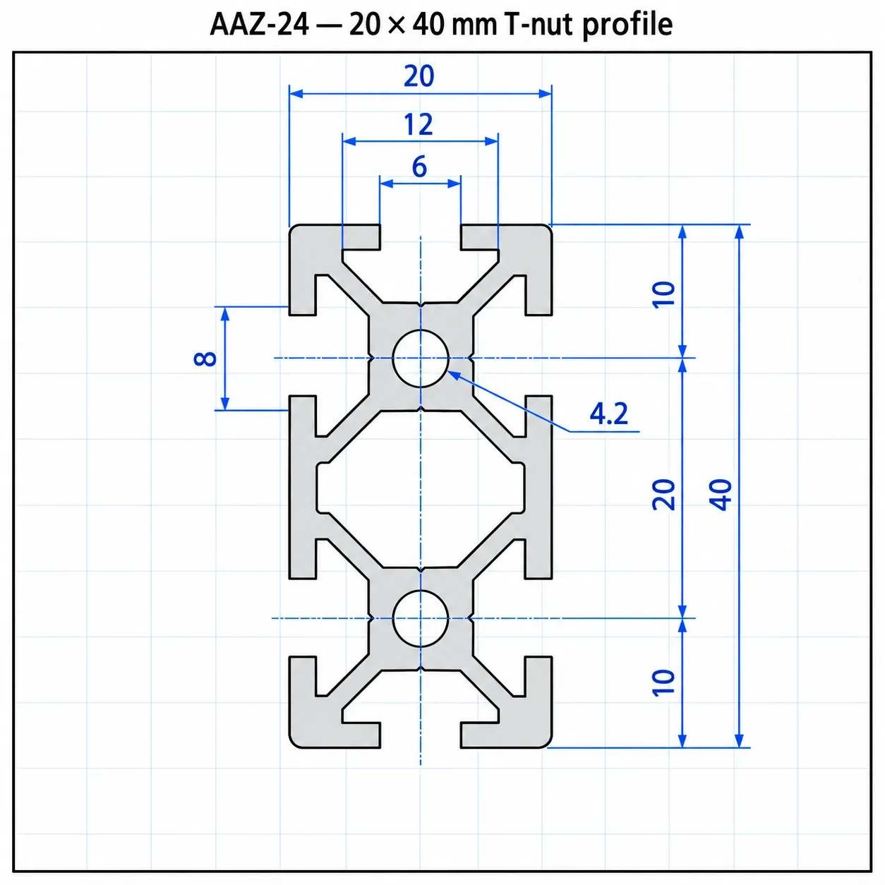 AAZ-24 — อลูมิเนียมโปรไฟล์ 20x40mm T-Nut สีเงิน