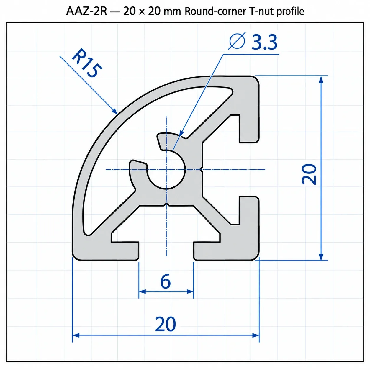AAZ-2R — อลูมิเนียมโปรไฟล์ 20x20mm Round Corner สีเงิน