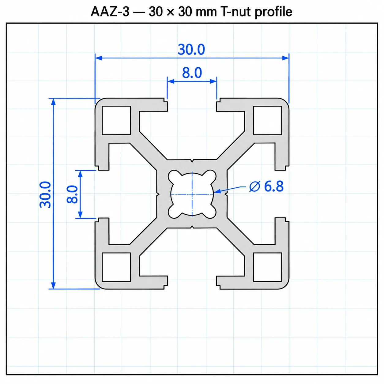 AAZ-3 — อลูมิเนียมโปรไฟล์ 30x30mm T-Nut สีเงิน
