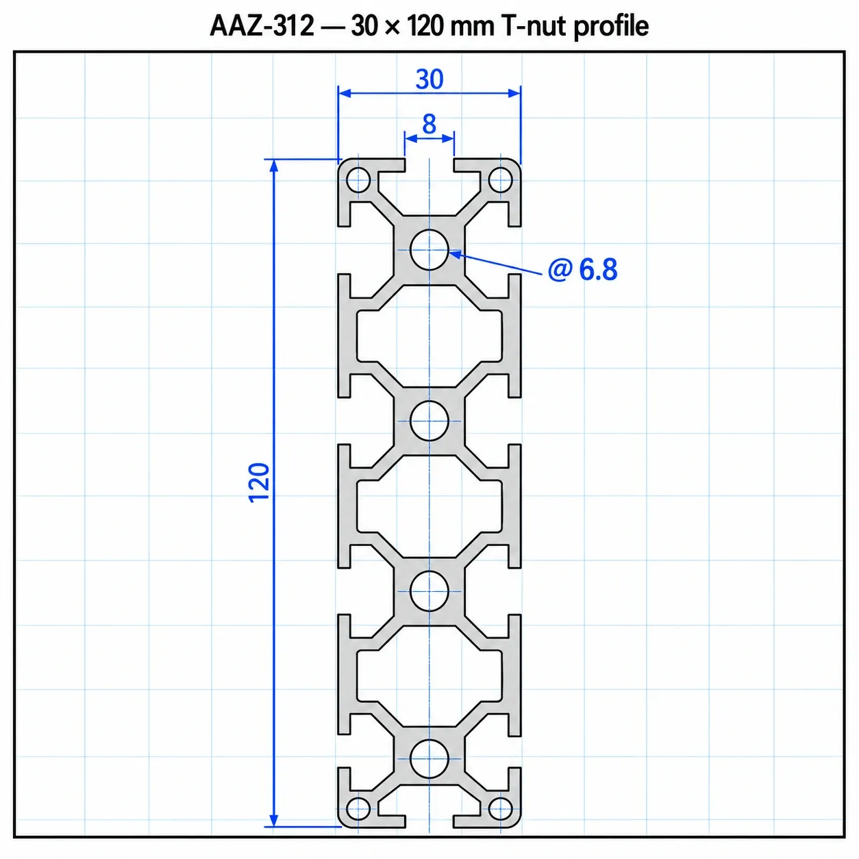 AAZ-312 — อลูมิเนียมโปรไฟล์ 30x120mm T-Nut สีเงิน