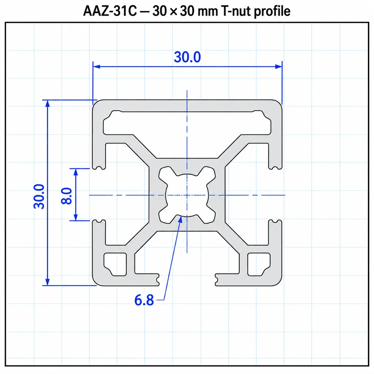 AAZ-31C — อลูมิเนียมโปรไฟล์ 30x30mm T-Nut ปิดร่อง 1ด้าน สีเงิน