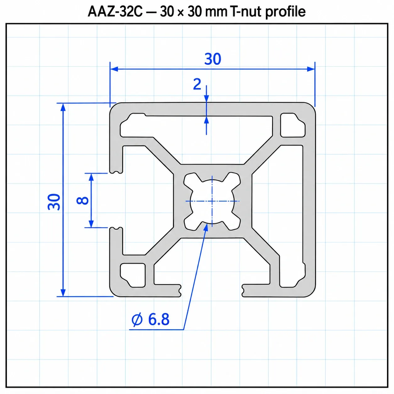 AAZ-32C — อลูมิเนียมโปรไฟล์ 30x30mm T-Nut ปิดร่อง 2ด้าน สีเงิน