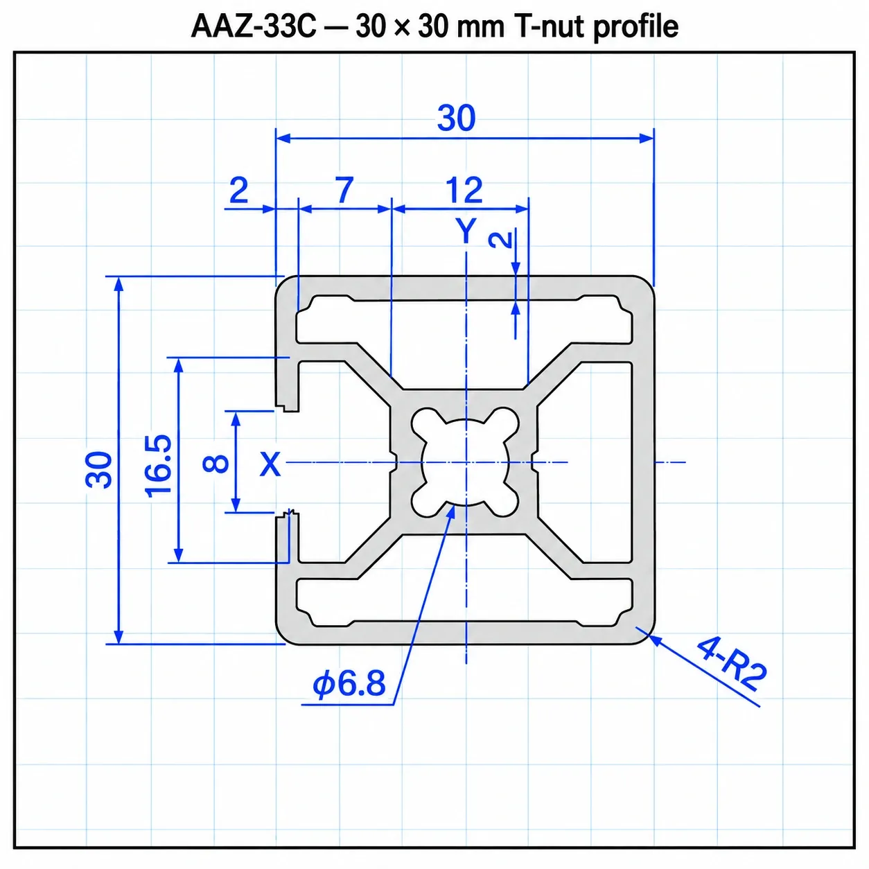 AAZ-33C — อลูมิเนียมโปรไฟล์ 30x30mm T-Nut ปิดร่อง 3ด้าน สีเงิน