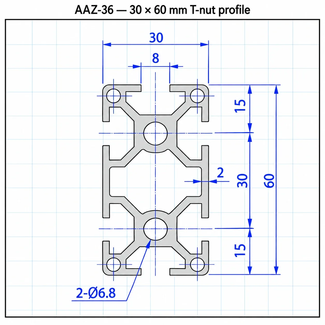 AAZ-36 — อลูมิเนียมโปรไฟล์ 30x60mm T-Nut สีเงิน