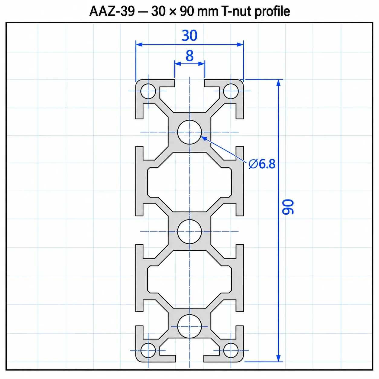 AAZ-39 — อลูมิเนียมโปรไฟล์ 30x90mm T-Nut สีเงิน