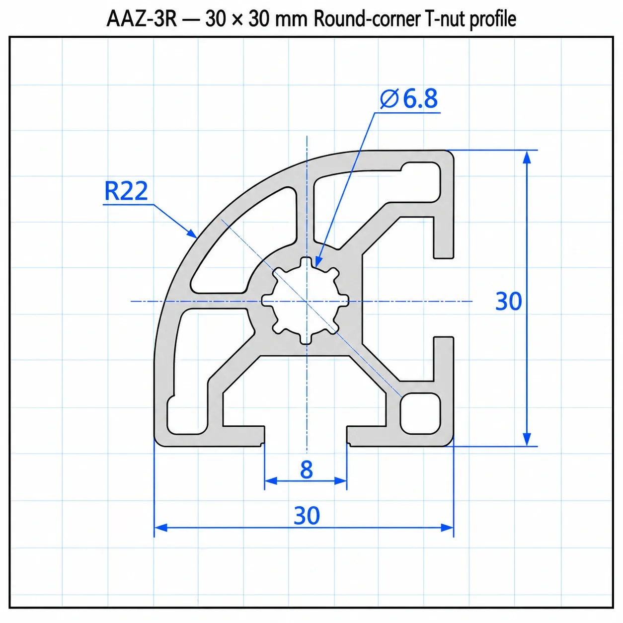 AAZ-3R — อลูมิเนียมโปรไฟล์ 30x30mm Round Corner สีเงิน
