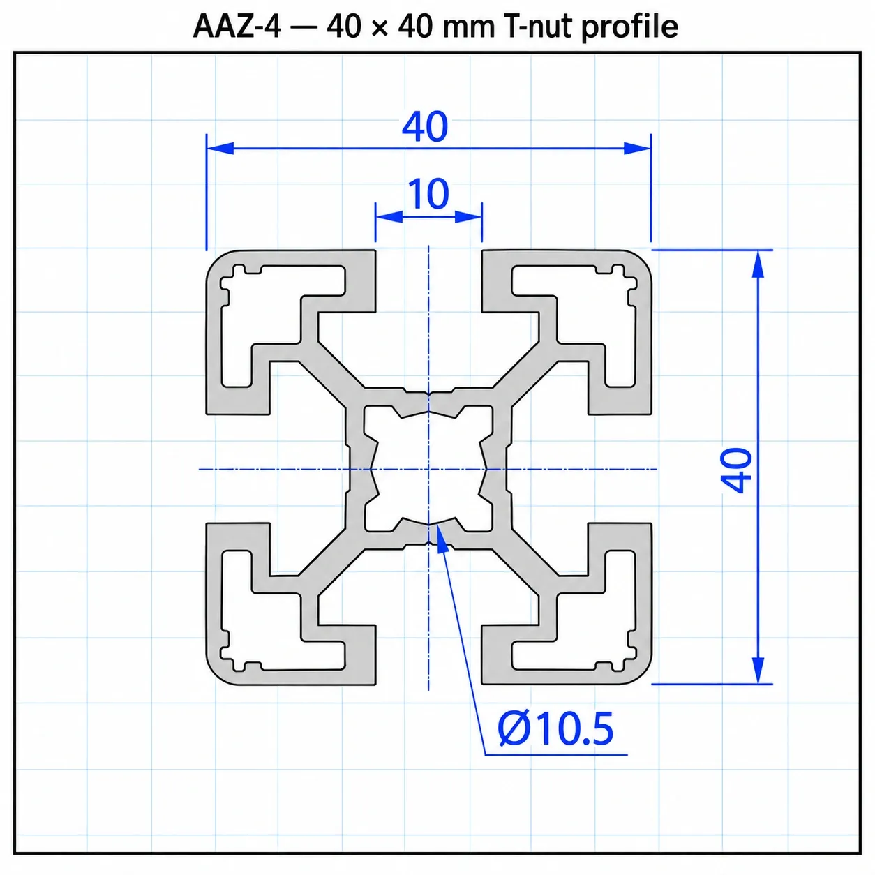AAZ-4 — อลูมิเนียมโปรไฟล์ 40x40mm T-Nut สีเงิน