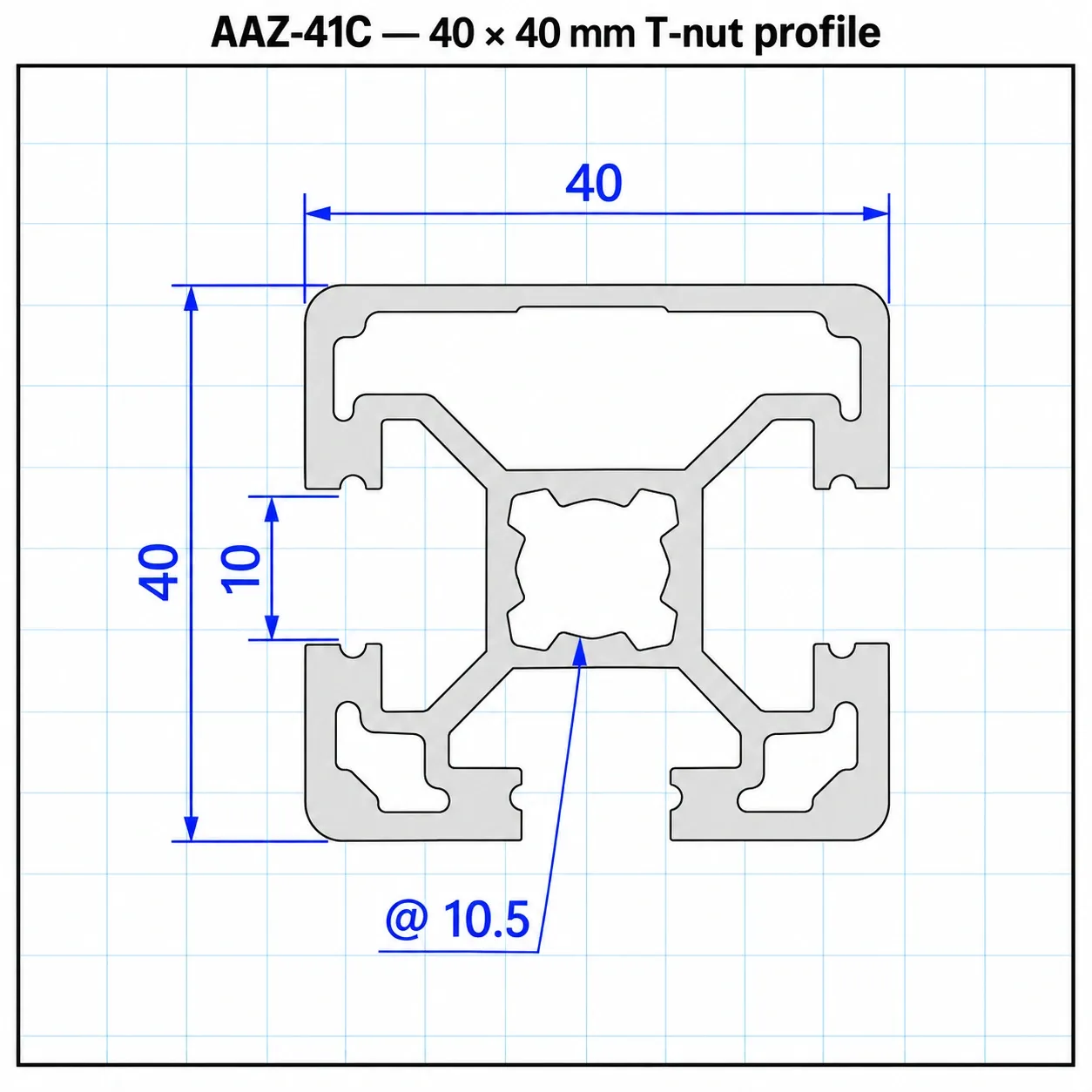 AAZ-41C — อลูมิเนียมโปรไฟล์ 40x40mm T-Nut ปิดร่อง 1ด้าน สีเงิน