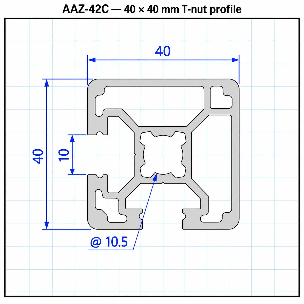AAZ-42C — อลูมิเนียมโปรไฟล์ 40x40mm T-Nut ปิดร่อง 2ด้าน สีเงิน