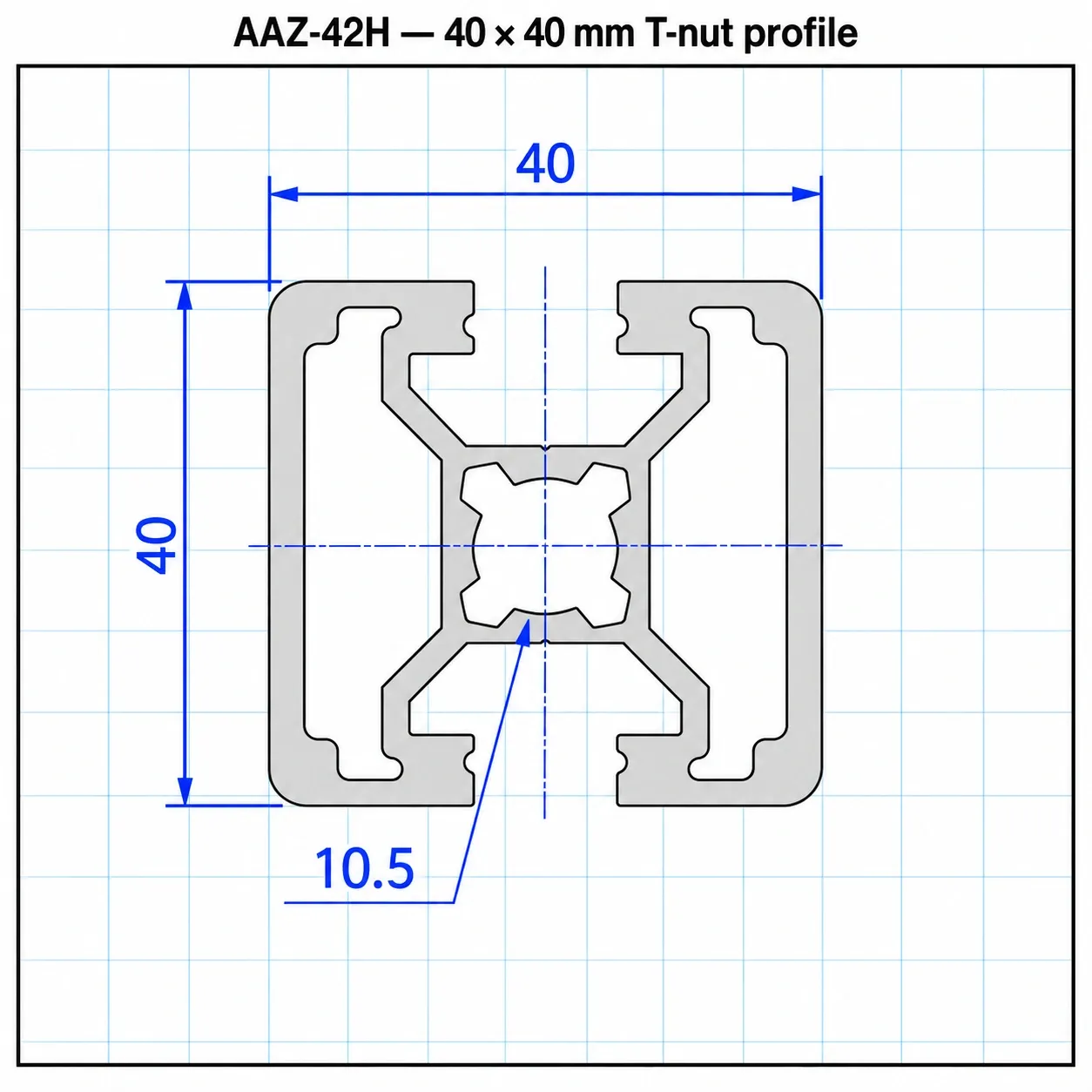AAZ-42H — อลูมิเนียมโปรไฟล์ 40x40mm T-Nut ปิดร่อง 2ด้าน H สีเงิน