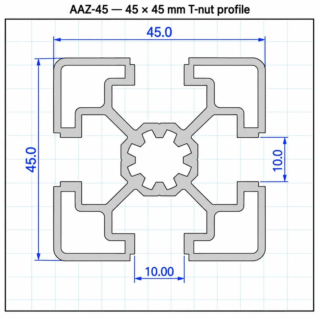 AAZ-45 — อลูมิเนียมโปรไฟล์ 45x45mm T-Nut สีเงิน