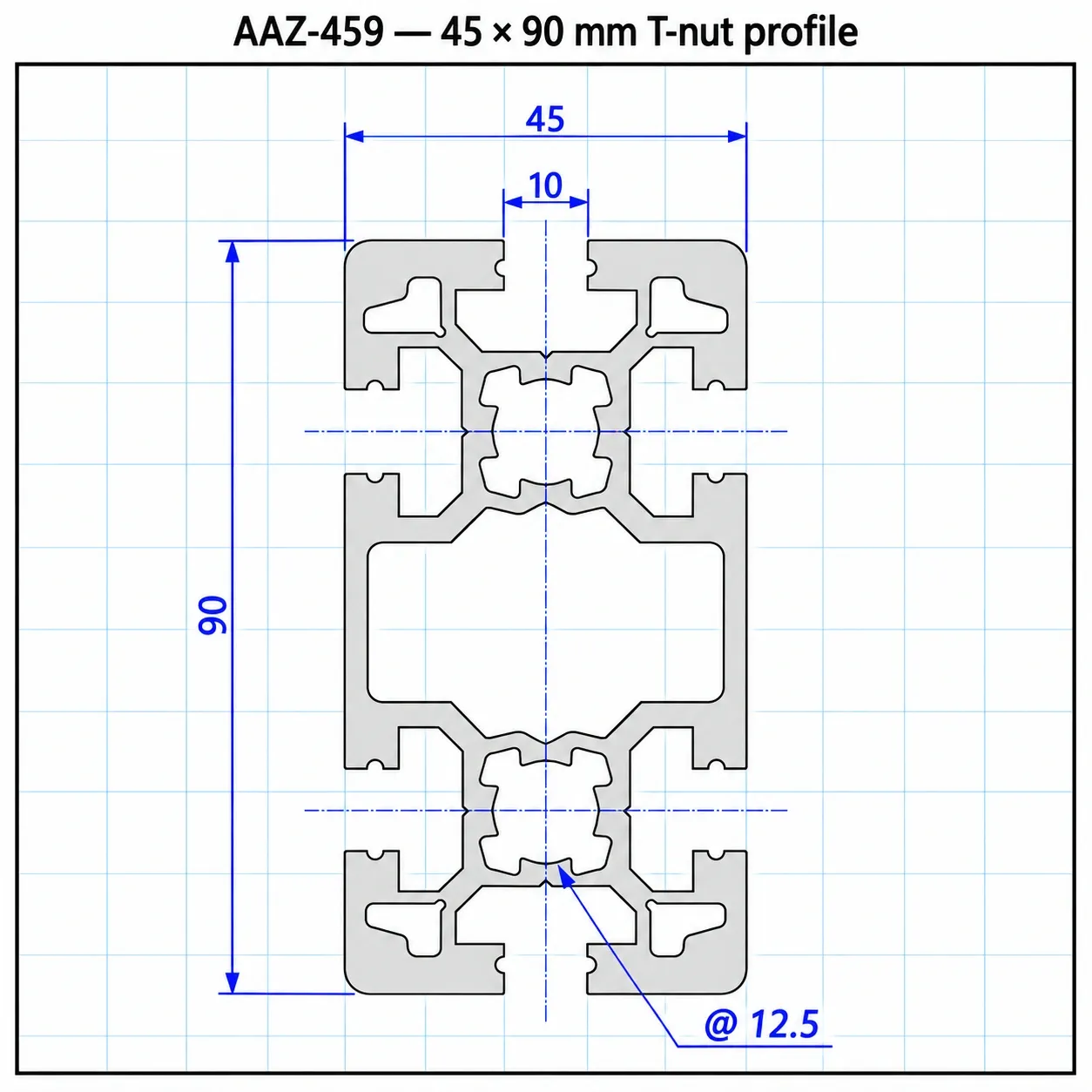 AAZ-459 — อลูมิเนียมโปรไฟล์ 45x90mm T-Nut สีเงิน