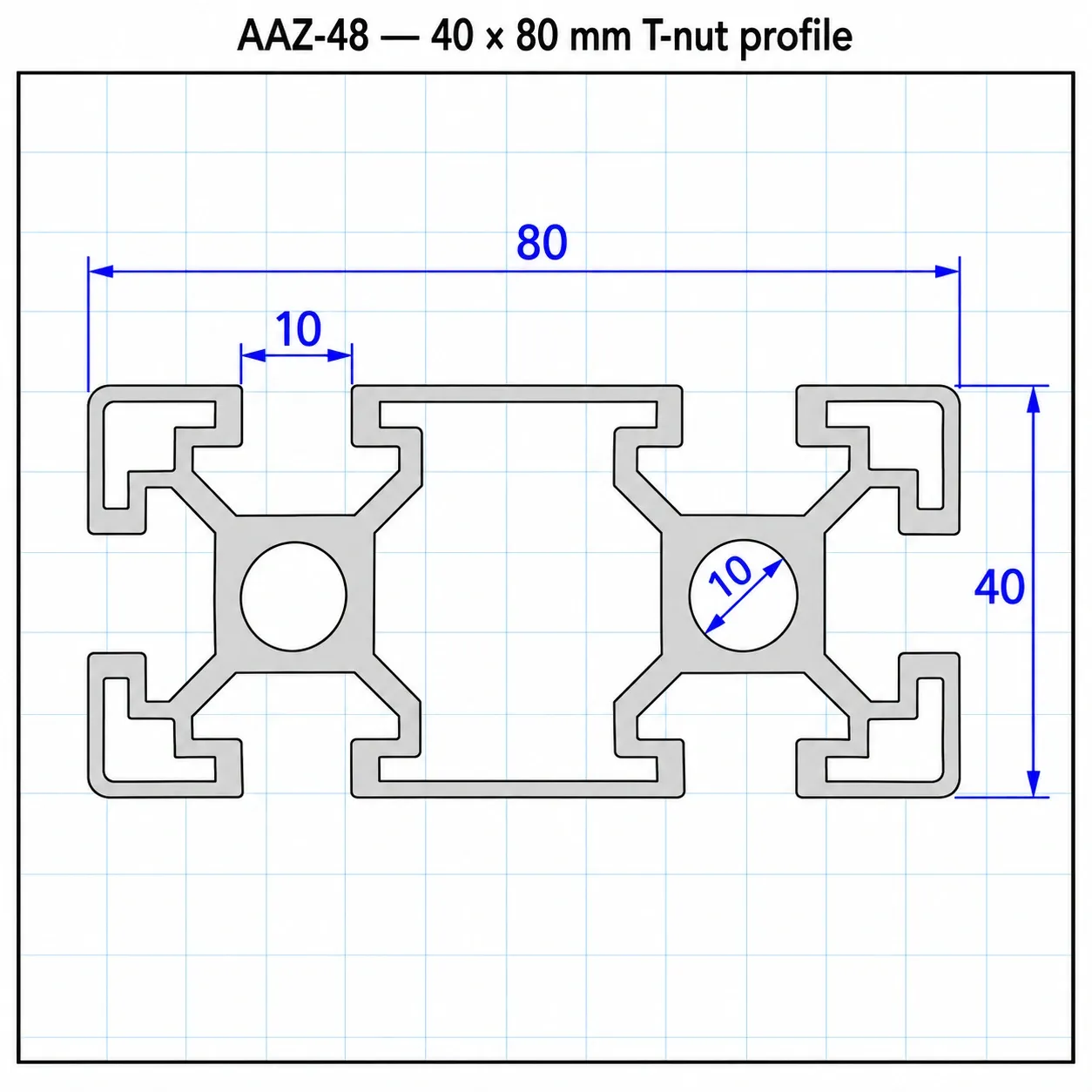AAZ-48 — อลูมิเนียมโปรไฟล์ 40x80mm T-Nut สีเงิน