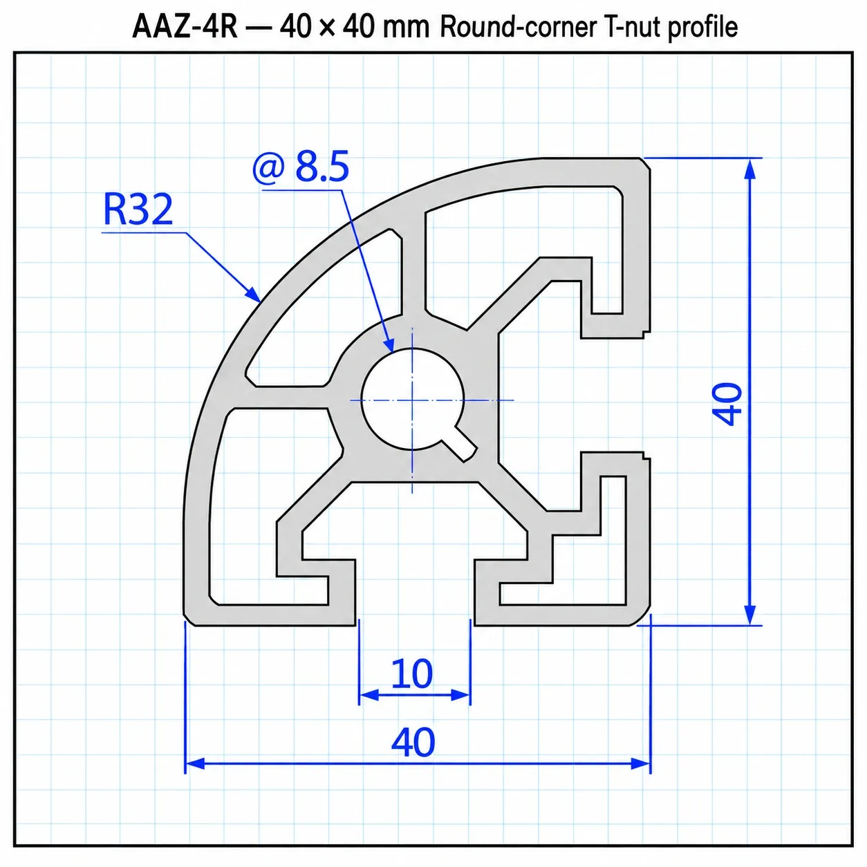 AAZ-4R — อลูมิเนียมโปรไฟล์ 40x40mm T-Nut Round Corner สีเงิน