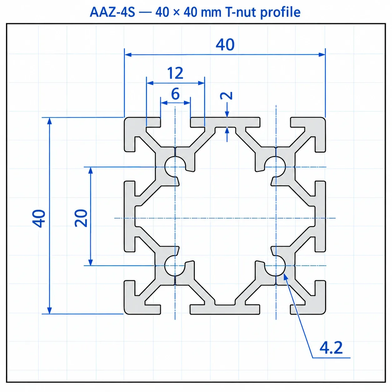 AAZ-4S — อลูมิเนียมโปรไฟล์ 40x40mm T-Nut 2 Slot สีเงิน