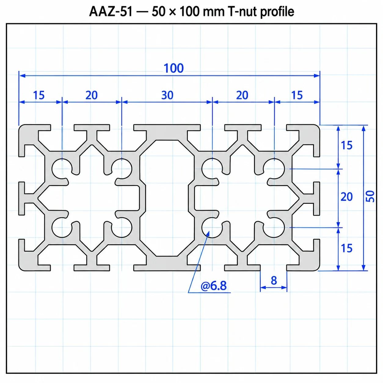 AAZ-51 — อลูมิเนียมโปรไฟล์ 50x100mm T-Nut สีเงิน