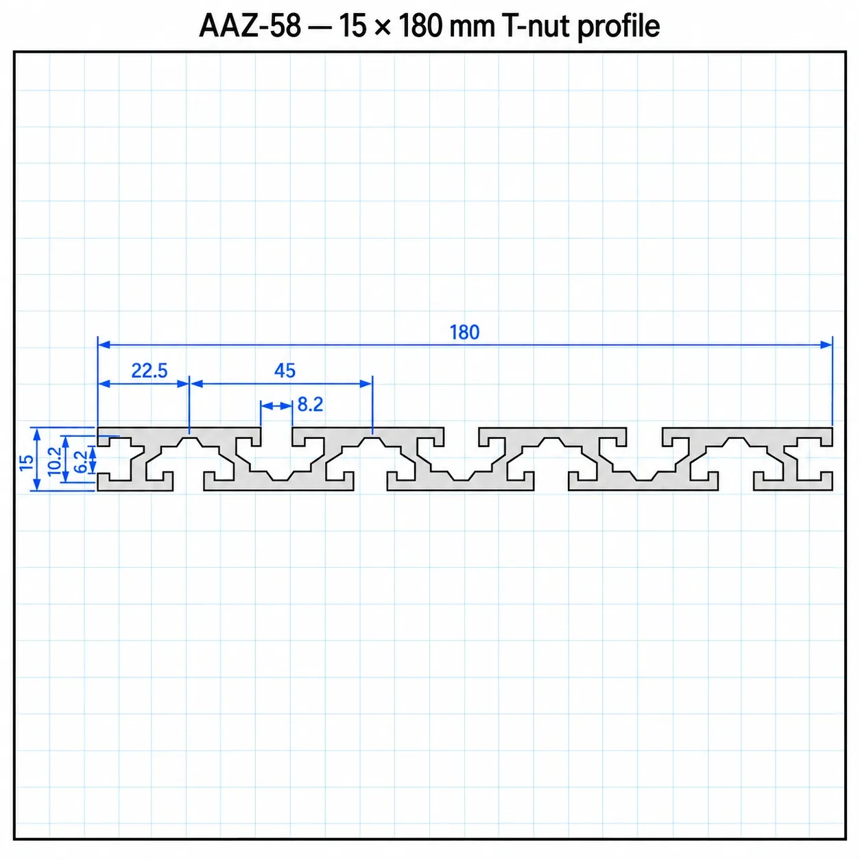 AAZ-58 — อลูมิเนียมโปรไฟล์ 15x180mm T-Nut สีเงิน