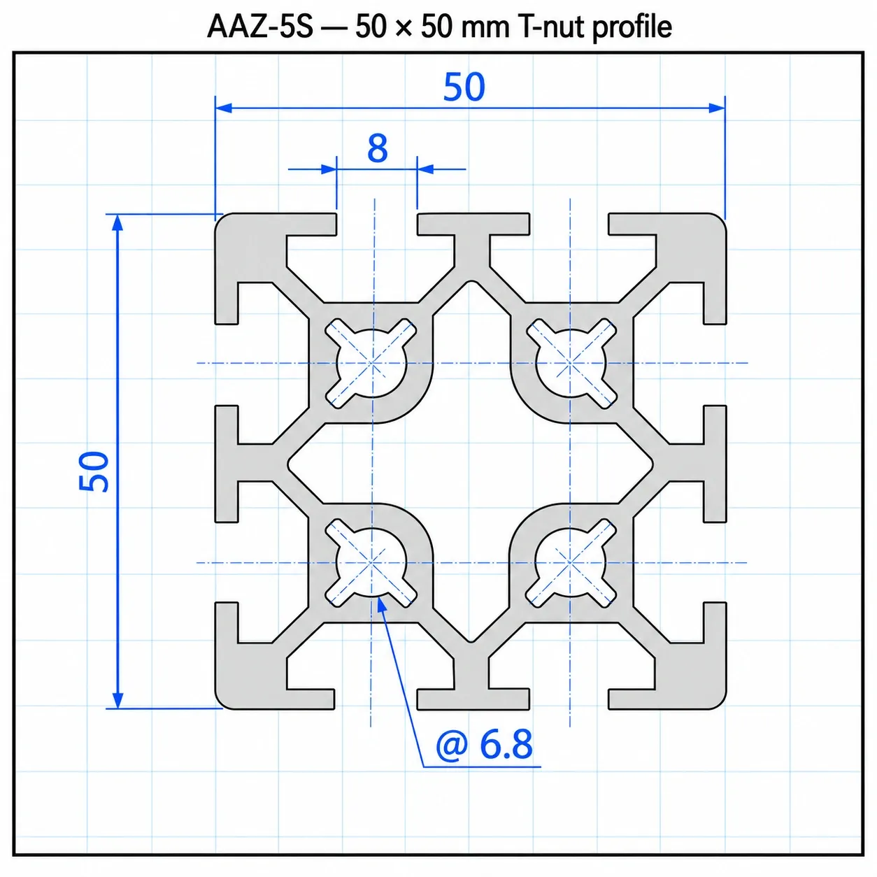 AAZ-5S — อลูมิเนียมโปรไฟล์ 50x50mm T-Nut สีเงิน