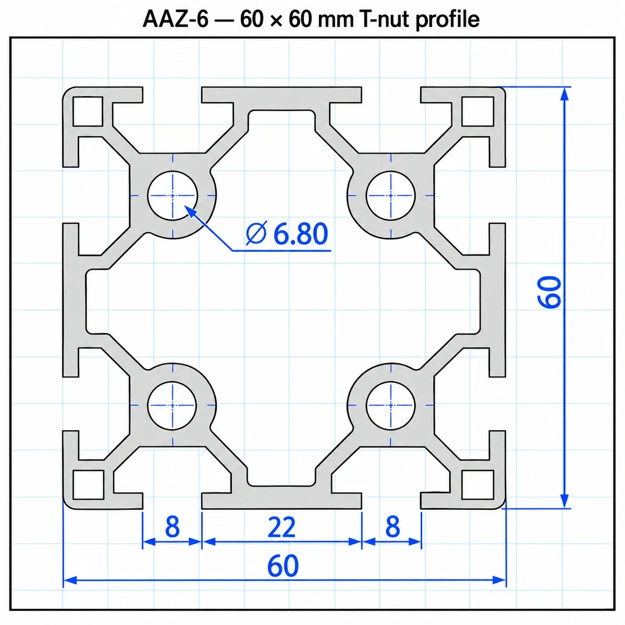 AAZ-6 — อลูมิเนียมโปรไฟล์ 60x60mm T-Nut 2Slot สีเงิน