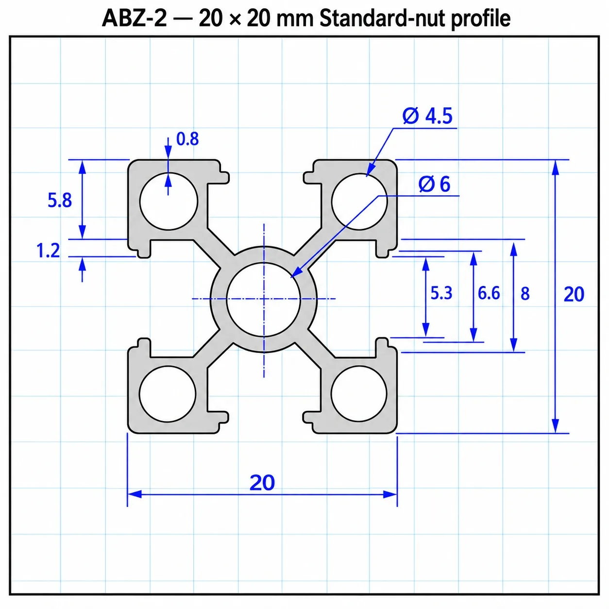ABZ-2 — อลูมิเนียมโปรไฟล์ 20x20มม. น็อตธรรมดา สีเงิน