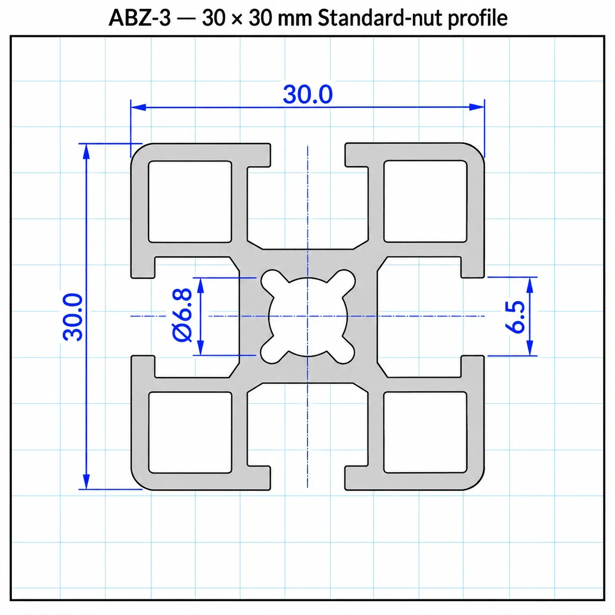 ABZ-3 — อลูมิเนียมโปรไฟล์ 30x30มม. น็อตธรรมดา สีเงิน