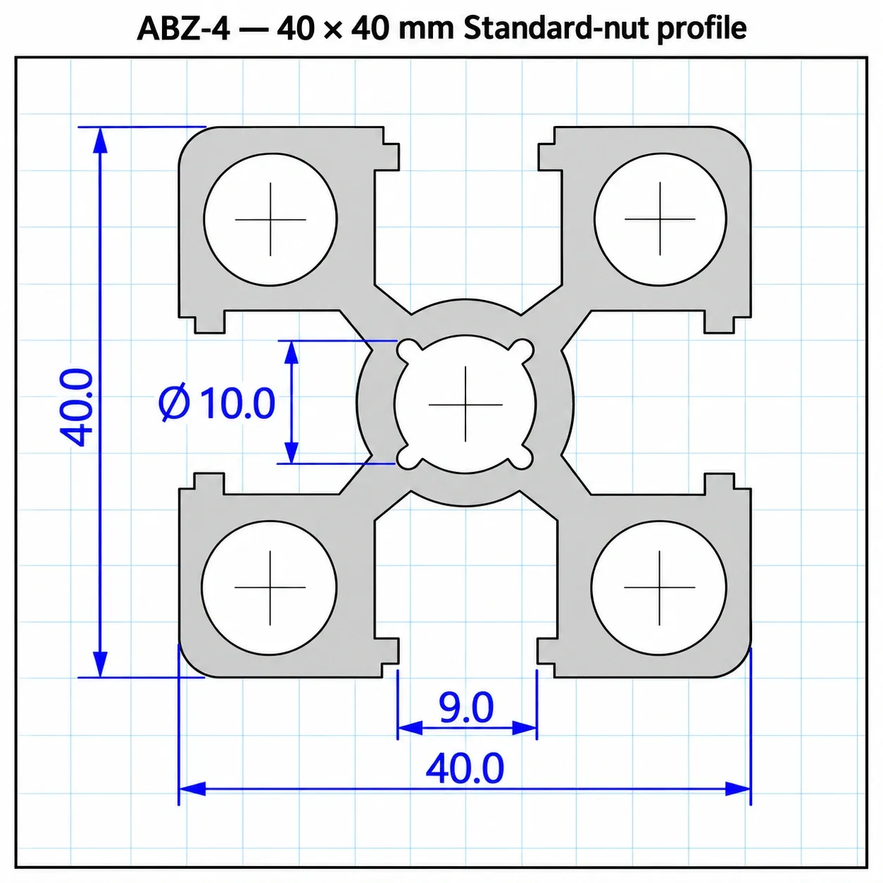 ABZ-4 — อลูมิเนียมโปรไฟล์ 40x40มม. น็อตธรรมดา สีเงิน