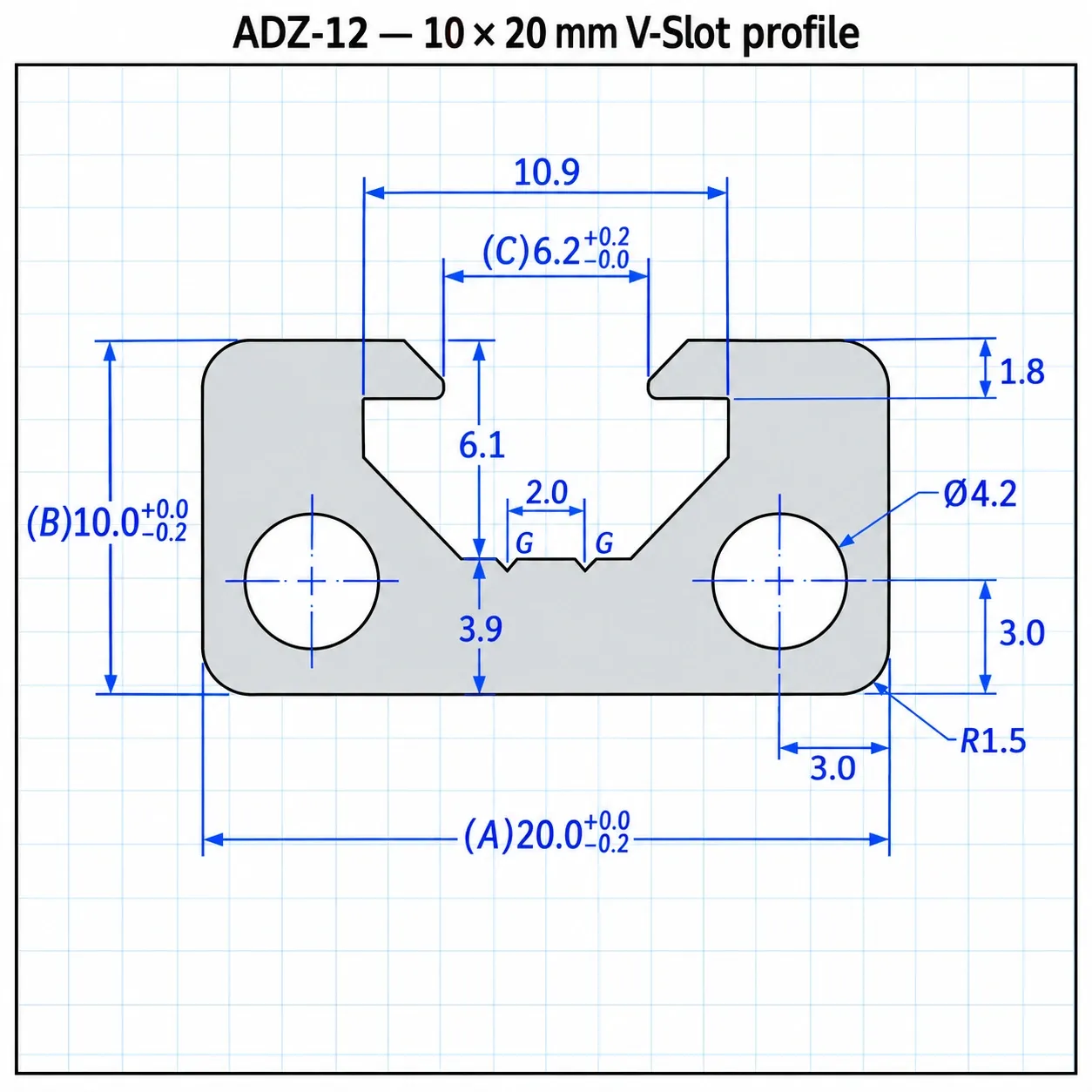 ADZ-12 — อลูมิเนียมโปรไฟล์ 10x20mm V-Slot สีเงิน