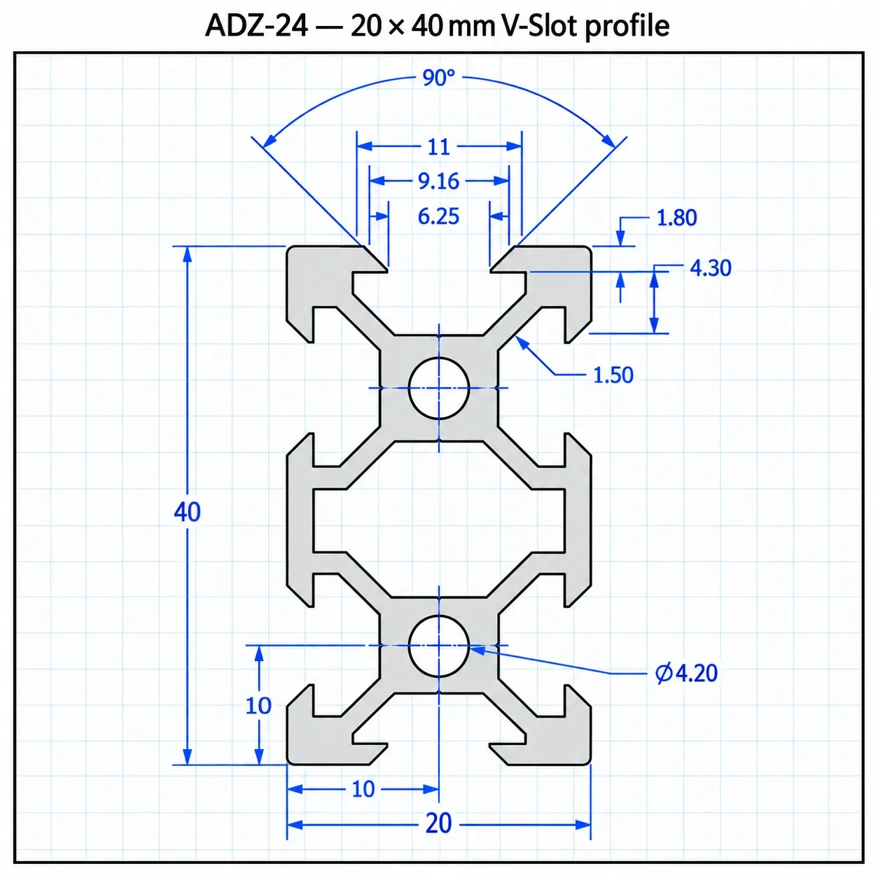 ADZ-24 — อลูมิเนียมโปรไฟล์ 20x40mm V-Slot สีเงิน