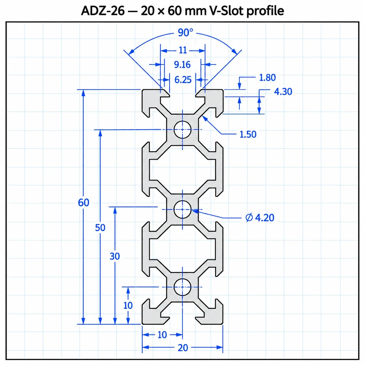 ADZ-26 — อลูมิเนียมโปรไฟล์ 20x60mm V-Slot สีเงิน