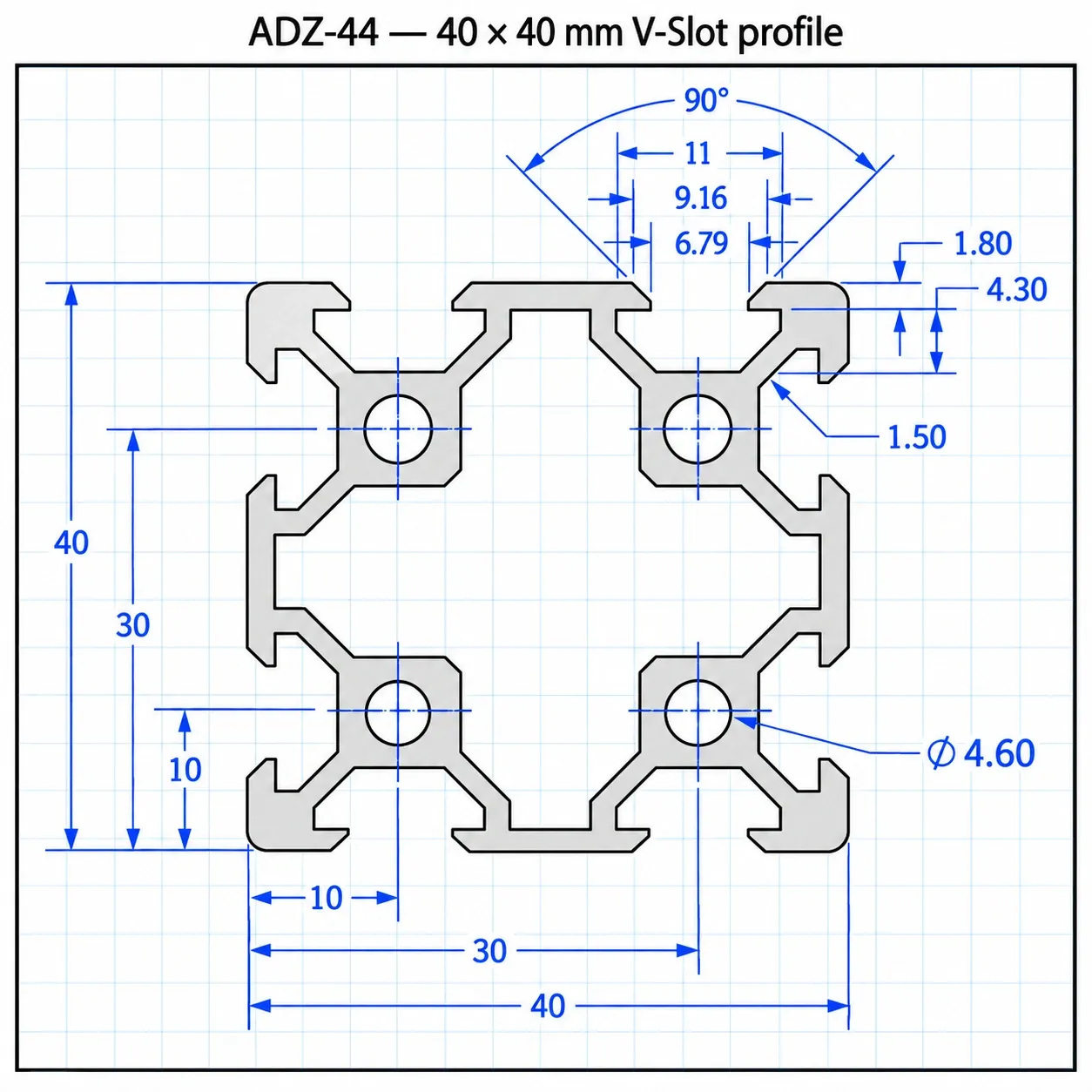 ADZ-44 — อลูมิเนียมโปรไฟล์ 40x40mm V-Slot สีเงิน