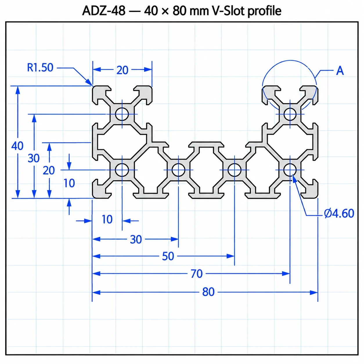 ADZ-48 — อลูมิเนียมโปรไฟล์ 40x80mm V-Slot (C-Beam) สีเงิน