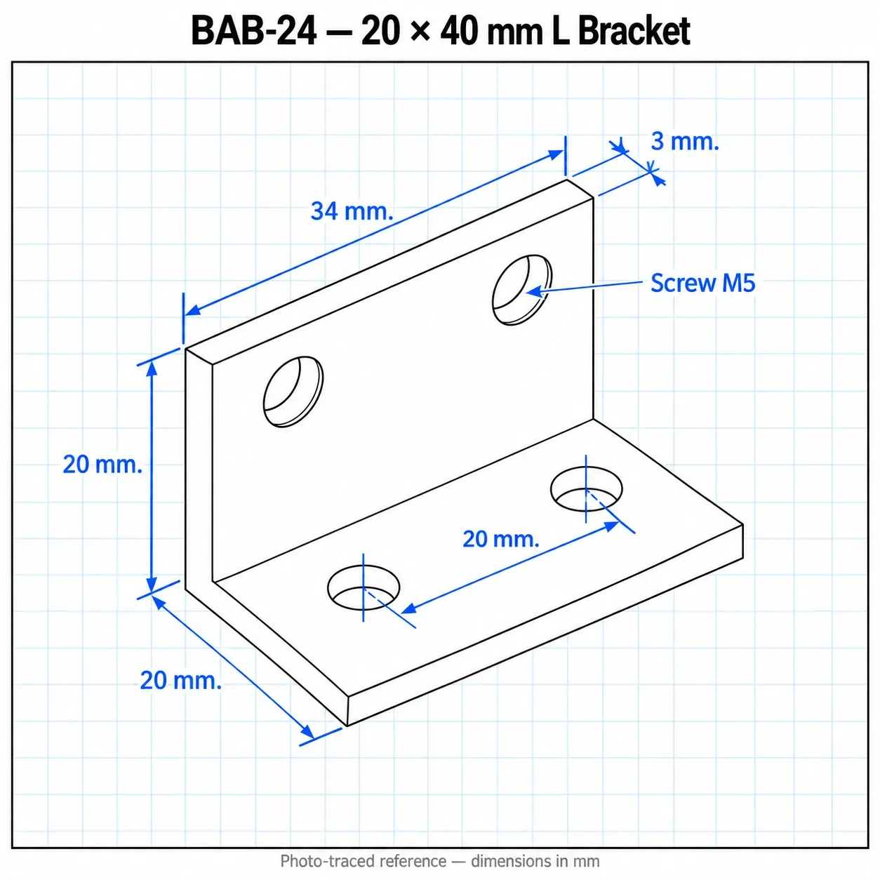 BAB-24 — L Bracket 20x40mm สีเงิน