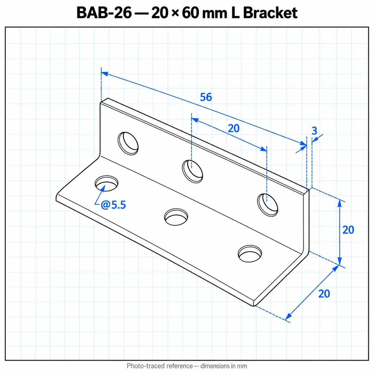 BAB-26 — L Bracket 20x60mm สีเงิน