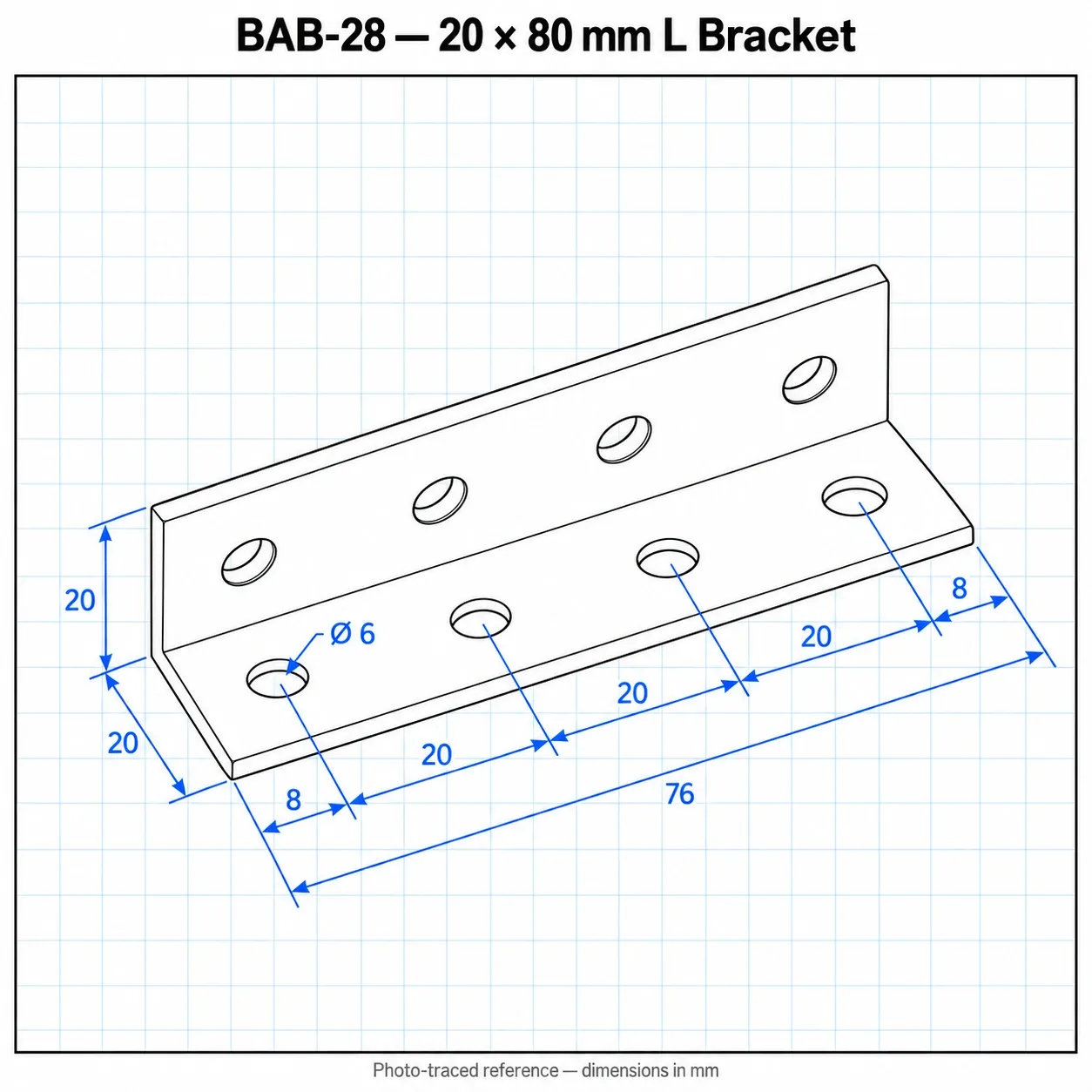 BAB-28 — L Bracket 20x80mm สีเงิน
