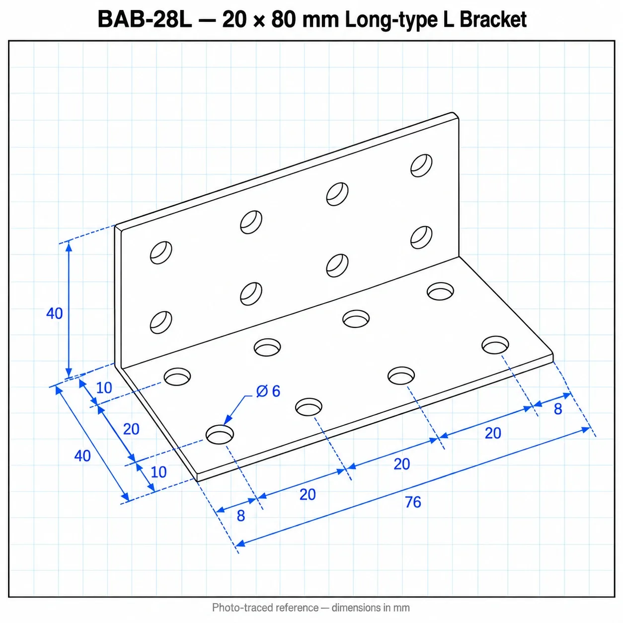 BAB-28L — L Bracket 20x80mm Long Type สีเงิน
