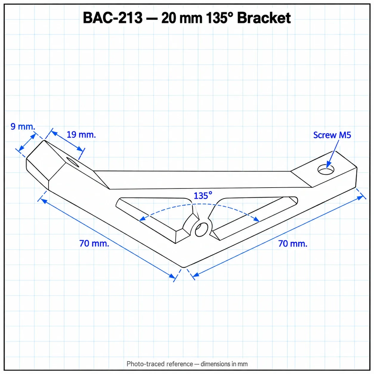 BAC-213 — Hard Bracket 20mm 135องศา Heavy Load สีเงิน