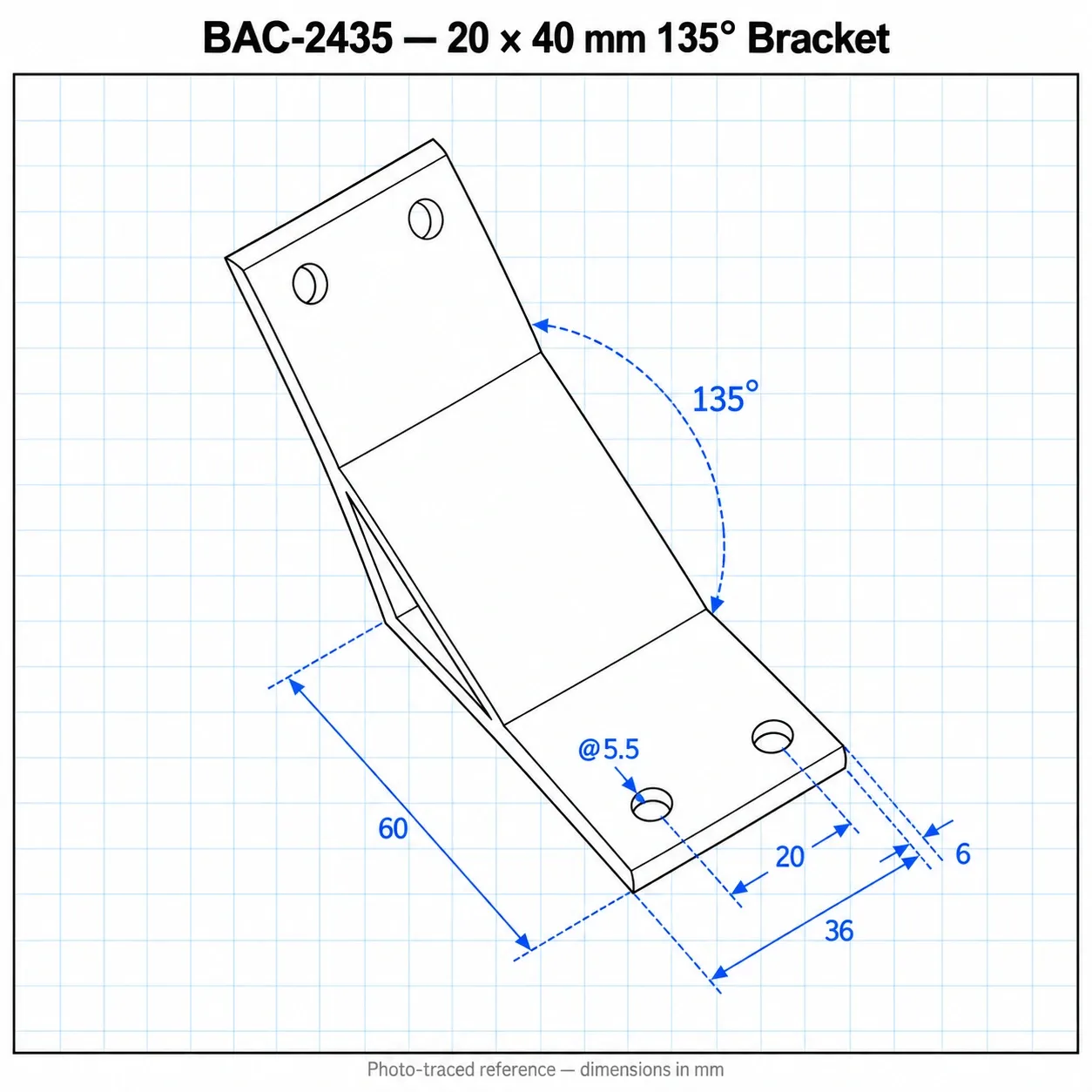 BAC-2435 — Hard Bracket 20x40mm 135องศา สีเงิน