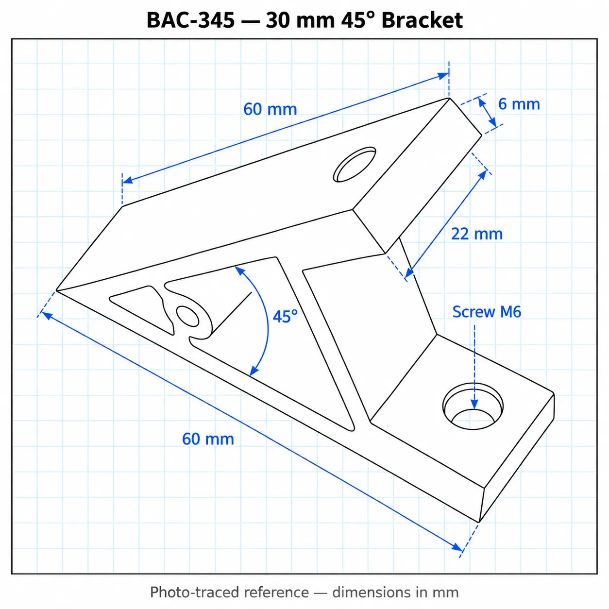 BAC-345 — Hard Bracket 30mm 45องศา Heavy Load สีเงิน