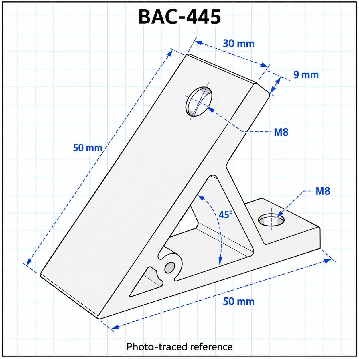 BAC-445 — Hard Bracket 40mm 45องศา Heavy Load สีเงิน