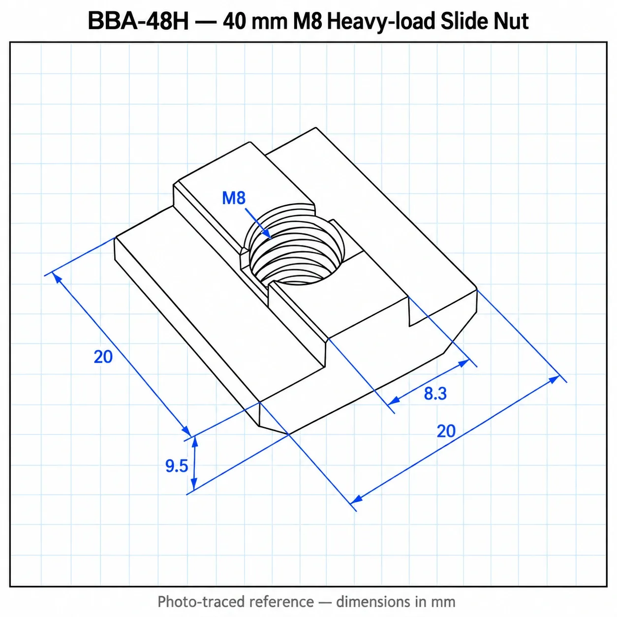 BBA-48H — Slide Nut 40mm M8 Heavy Load