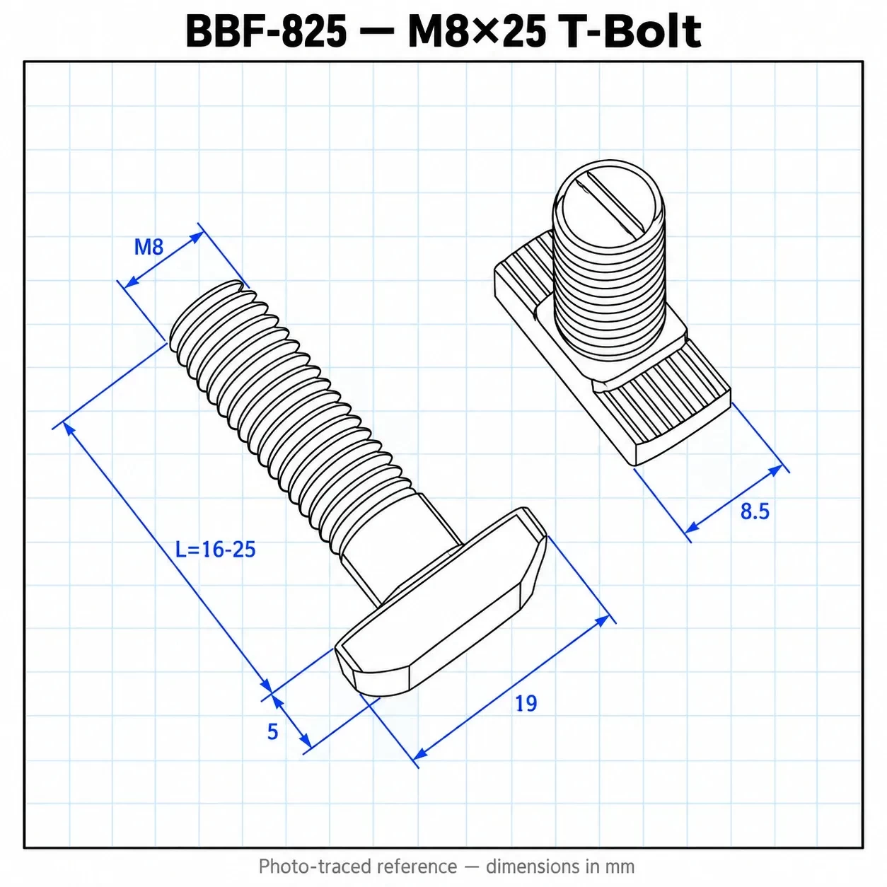 BBF-E825 — T-Bolt 40mm Slot8 M8x25