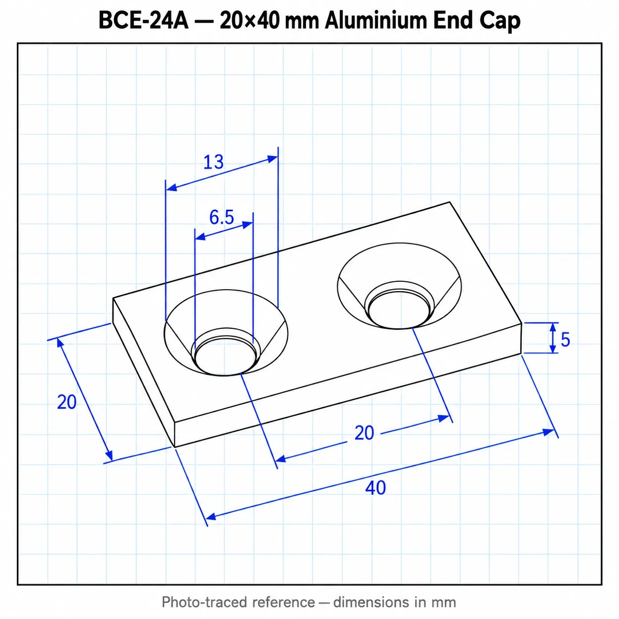 BCE-24A — Endcap 20x40mm อลูมิเนียม