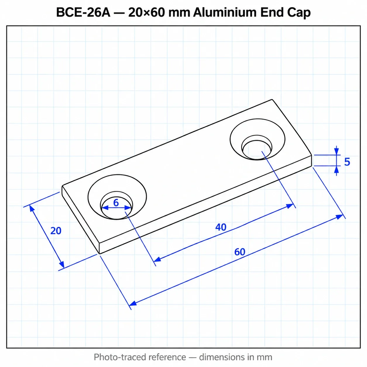 BCE-26A — Endcap 20x60mm อลูมิเนียม สีเงิน