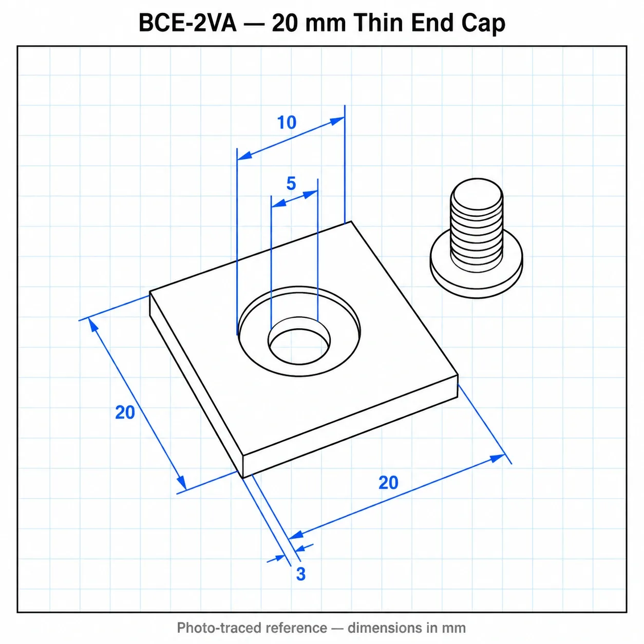 BCE-2VA — Endcap 20x20mm อลูมิเนียมรุ่นบาง สีเงิน